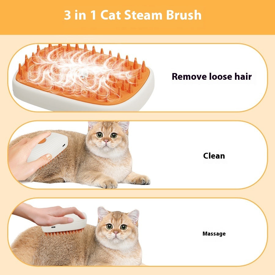 USB Rechargeable Pet Steam Grooming Brush - graphic showing hair removal and brushing a cat