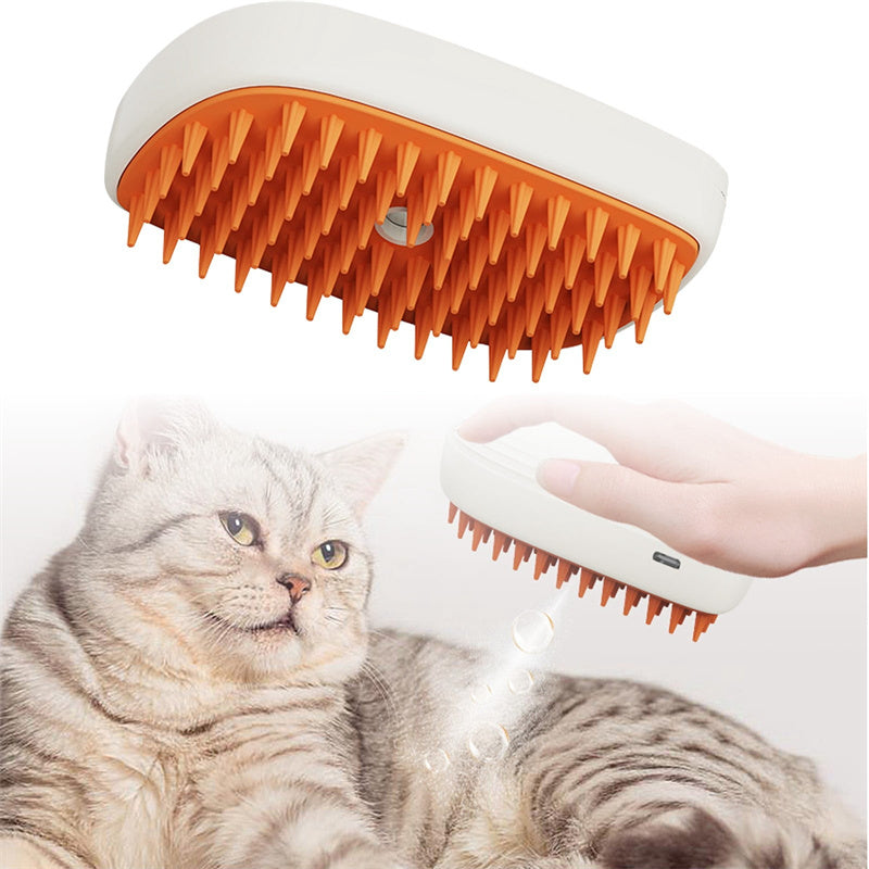 USB Rechargeable Pet Steam Grooming Brush - white-and-orange brush held above a tabby cat