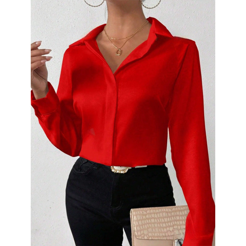 Women's Satin Long Sleeve Shirt - red collared shirt worn with black pants and beige clutch