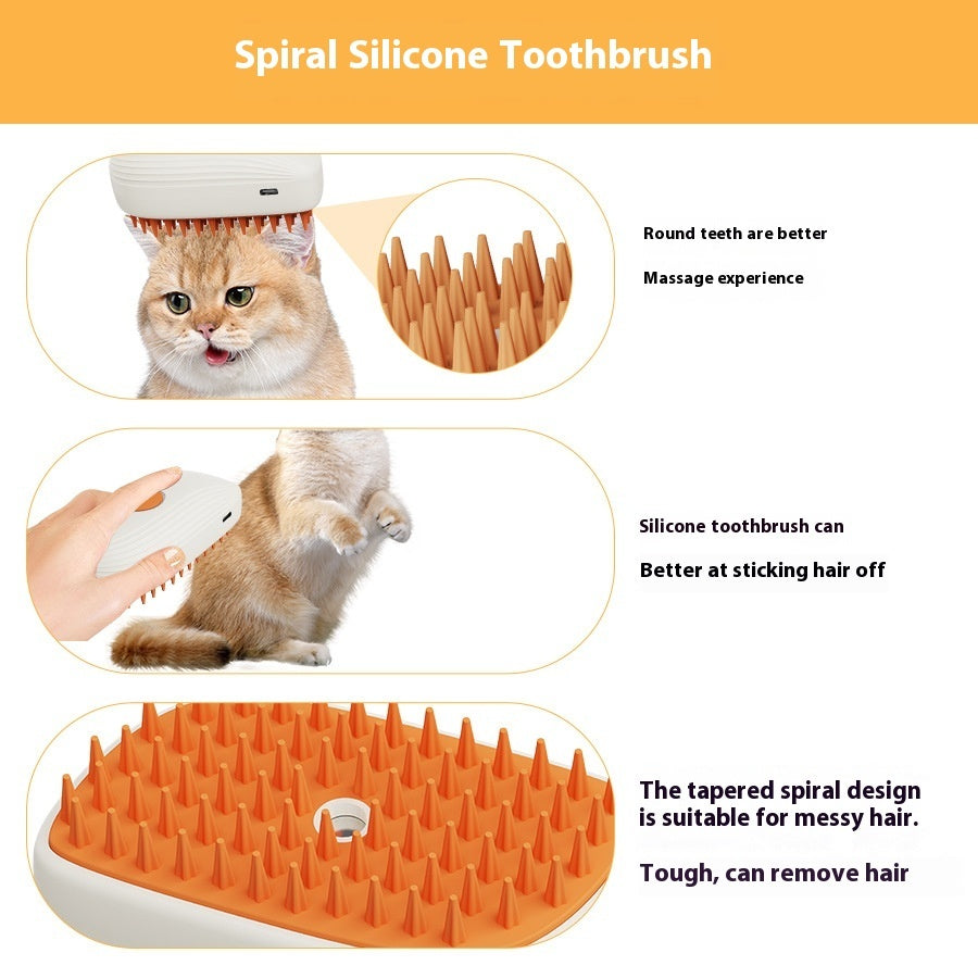 USB Rechargeable Pet Steam Grooming Brush - bristle close-ups and cat grooming demonstration