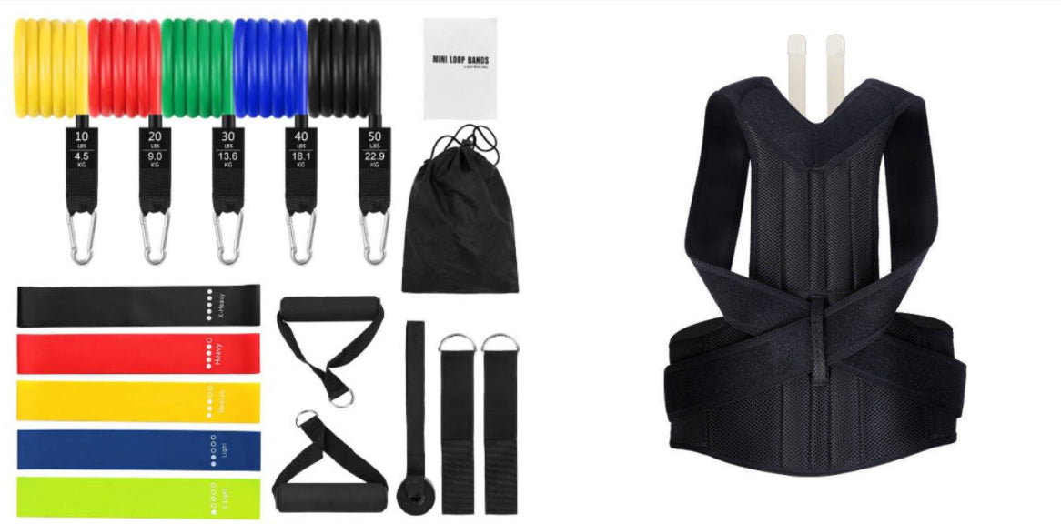 Posture Corrector Back Support - black brace beside colorful resistance bands and accessories