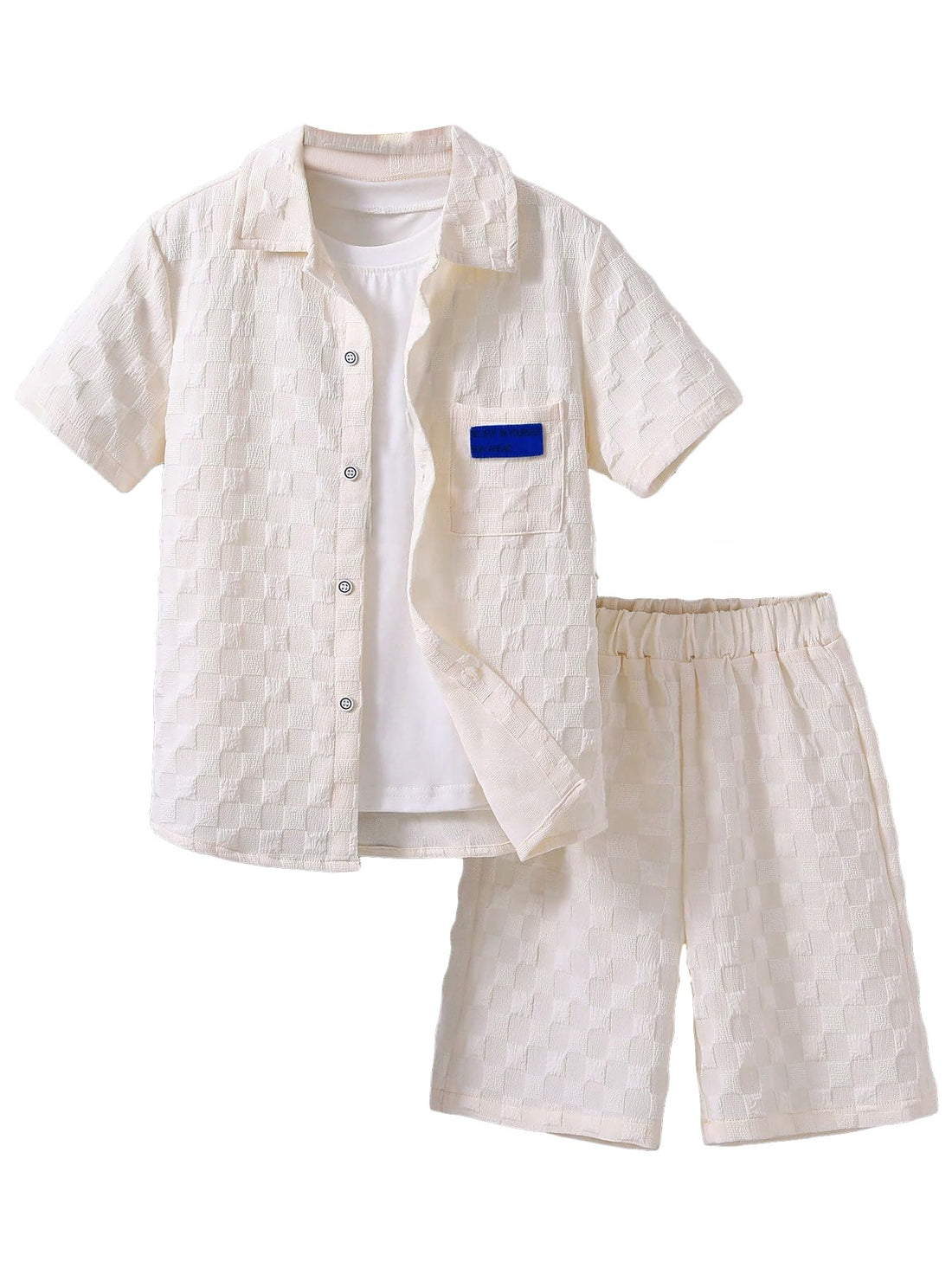 Boys' 2-Piece Shirt & Shorts Set - cream textured shirt and shorts with a white tee