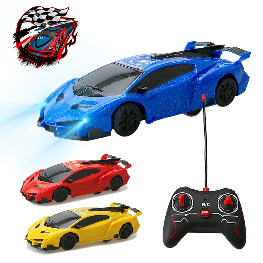 Remote Control Wall-Climbing Car - blue, red and yellow cars with controller and headlight graphic