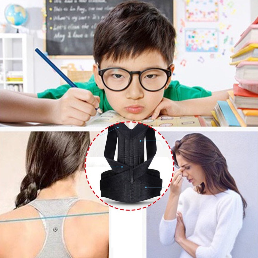 Posture Corrector Back Support - collage of black brace and people sitting or standing