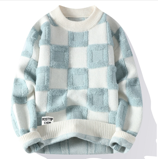 Fiorinni Men's Checkered Knit Sweater - light blue and cream checks with ribbed crew neck and cuffs