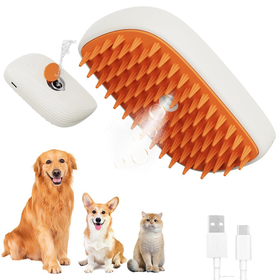USB Rechargeable Pet Steam Grooming Brush - white-and-orange brush with dogs, cat and charging cable