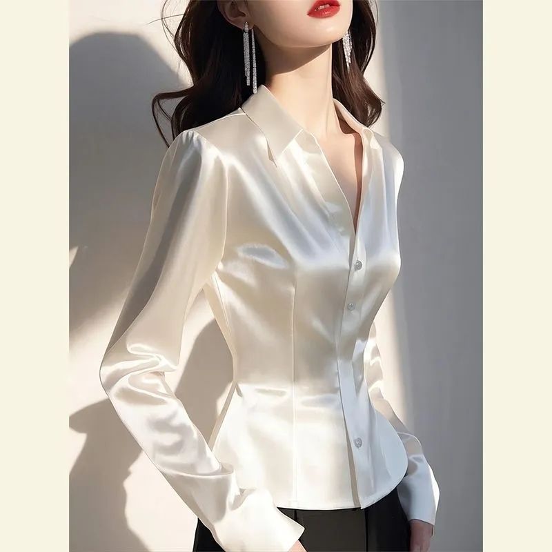 Women's Western Style Shirt - angled view of white fitted blouse with long sleeves