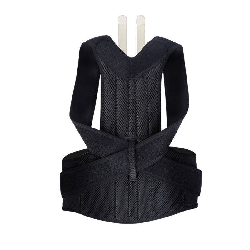 Posture Corrector Back Support - black mesh brace with crossed straps and two support strips
