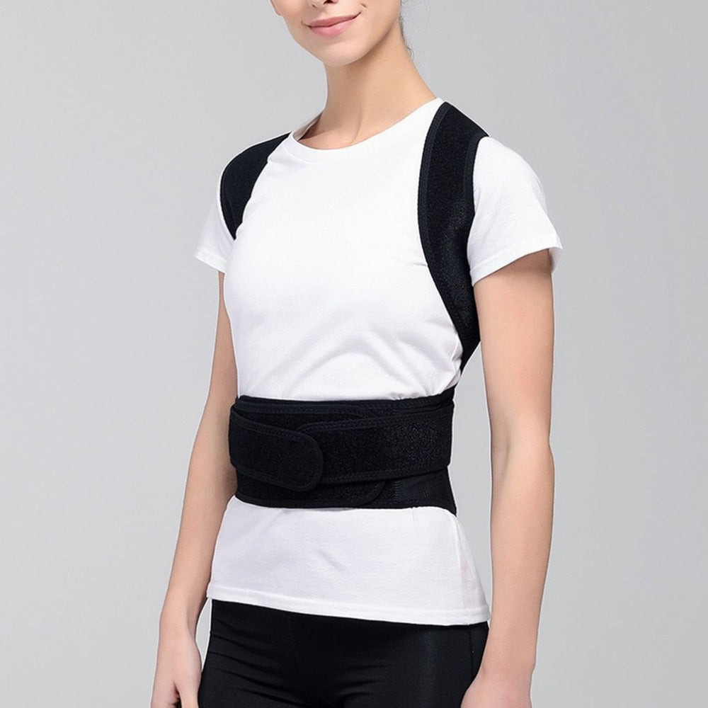 Posture Corrector Back Support - front view worn over a white T-shirt