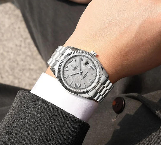 Men's Classic Watch - silver-tone watch worn with a suit cuff
