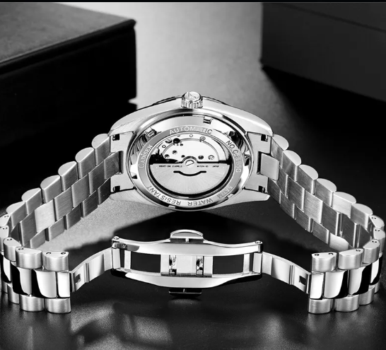 Men's Classic Watch - rear view with visible movement and open bracelet clasp