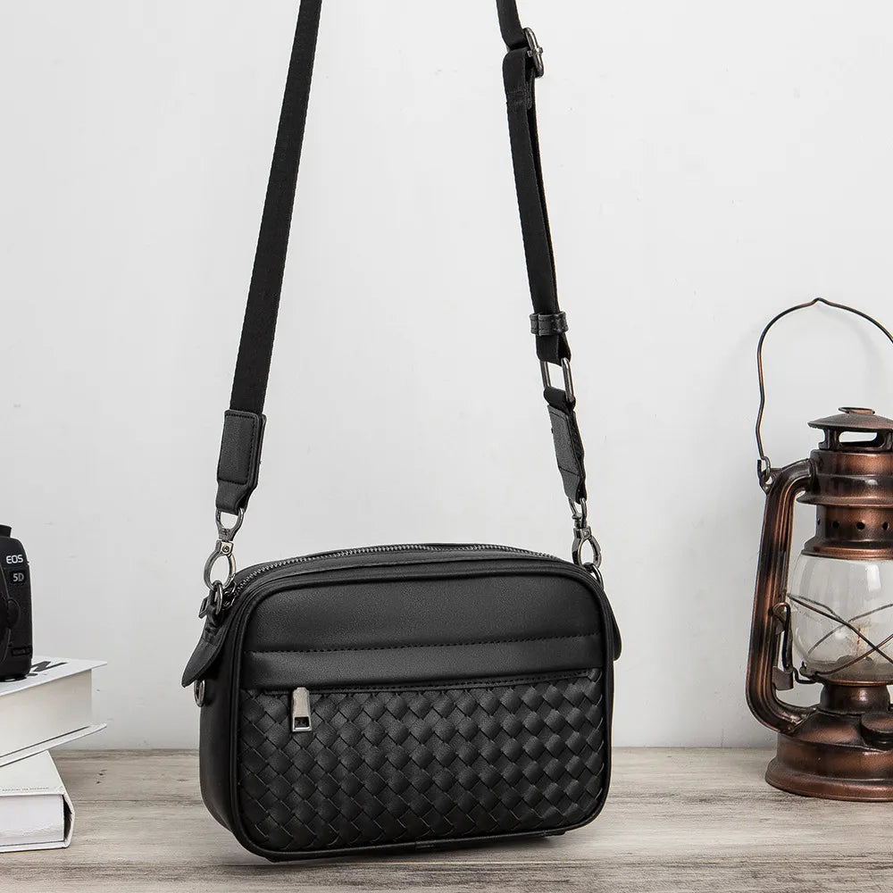 Men's Casual Shoulder Bag - black woven front pocket and adjustable strap