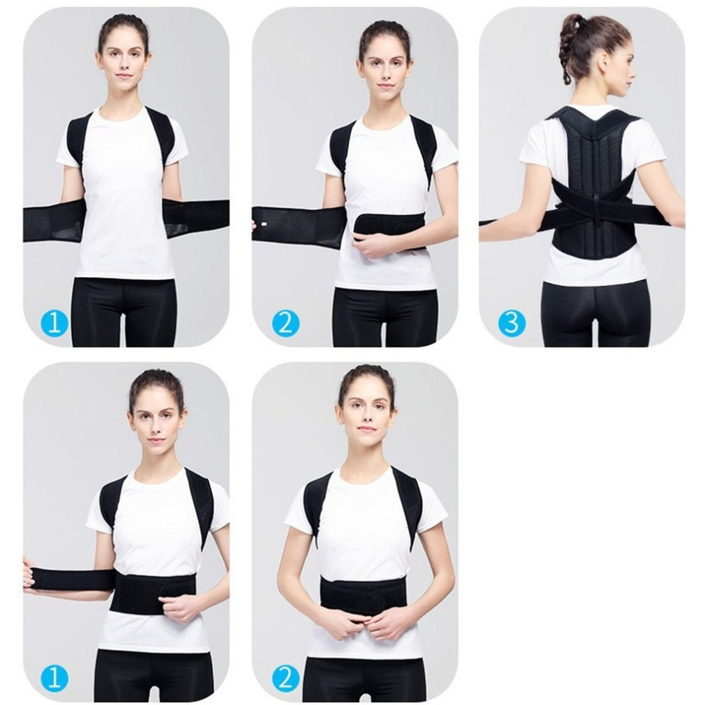 Posture Corrector Back Support - step-by-step graphic showing waist strap fastening