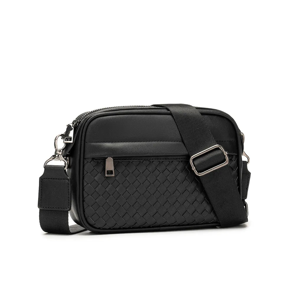 Men's Casual Shoulder Bag - black woven front pocket and metal strap buckle