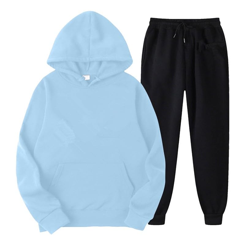 Women's Oversized Hoodie Lounge Set - light blue hoodie with black drawstring joggers