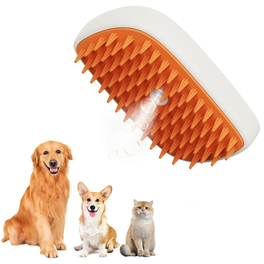 USB Rechargeable Pet Steam Grooming Brush - white-and-orange brush with dogs, cat and charging cable