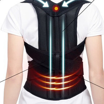 Posture Corrector Back Support - rear view worn over a white shirt with support graphics