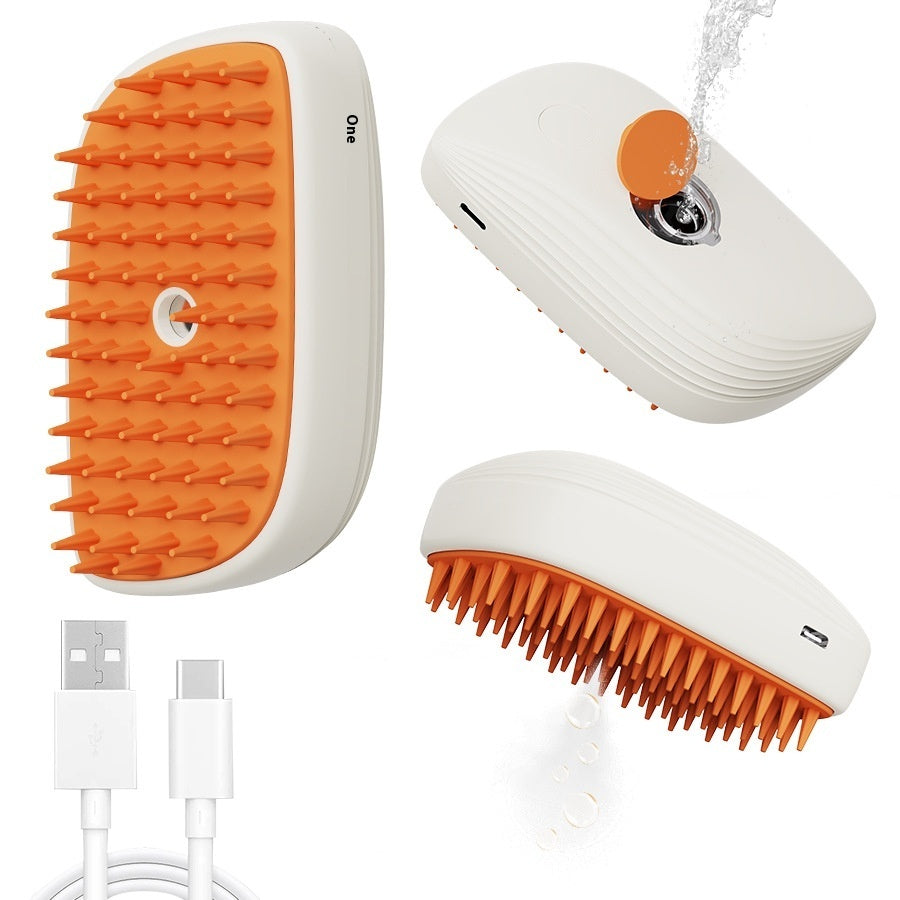 USB Rechargeable Pet Steam Grooming Brush - front, side and refill opening views with USB cable