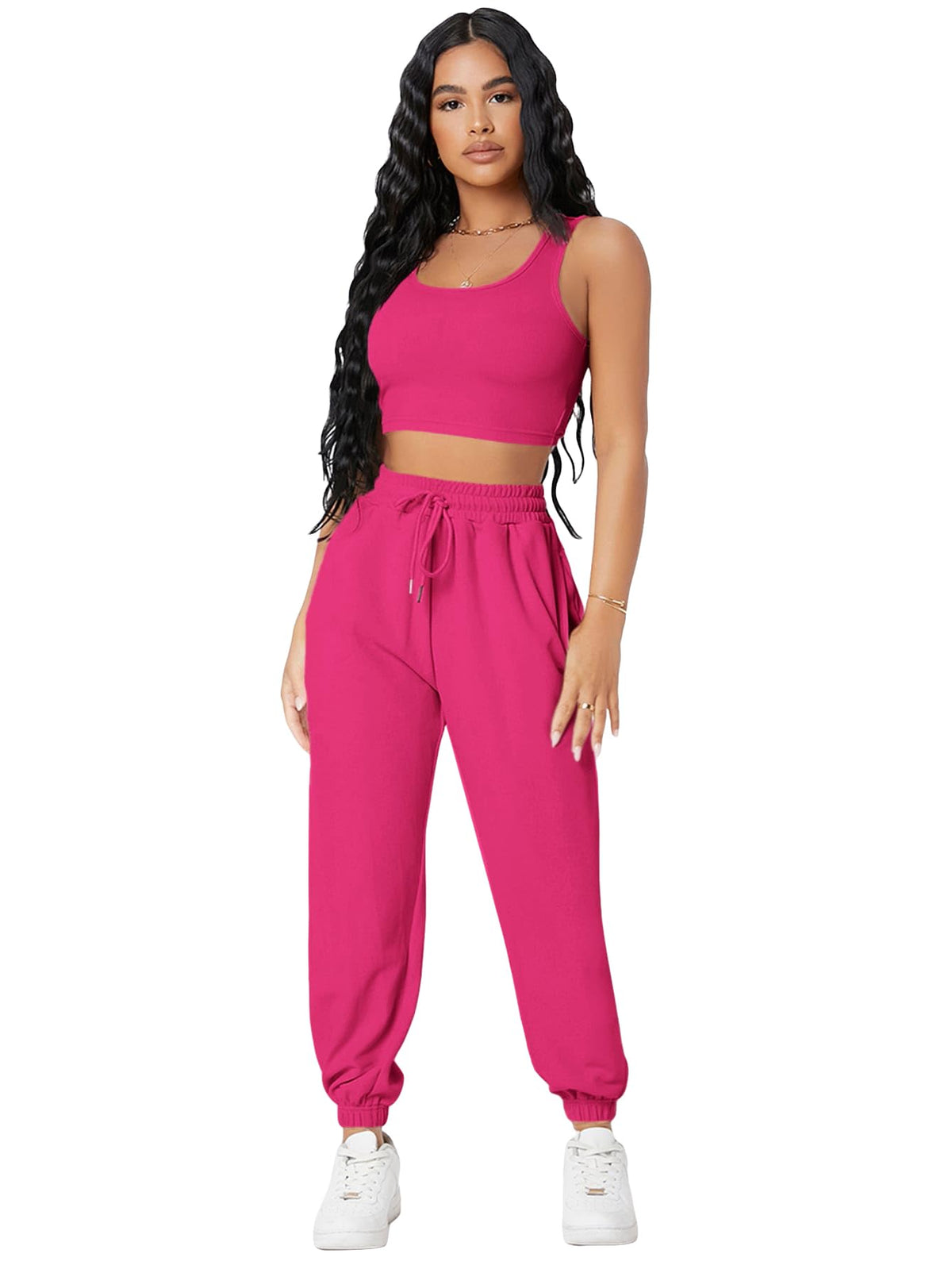 Women's Jogger Set with Crop Tank Top - model wearing a hot pink tank and drawstring joggers