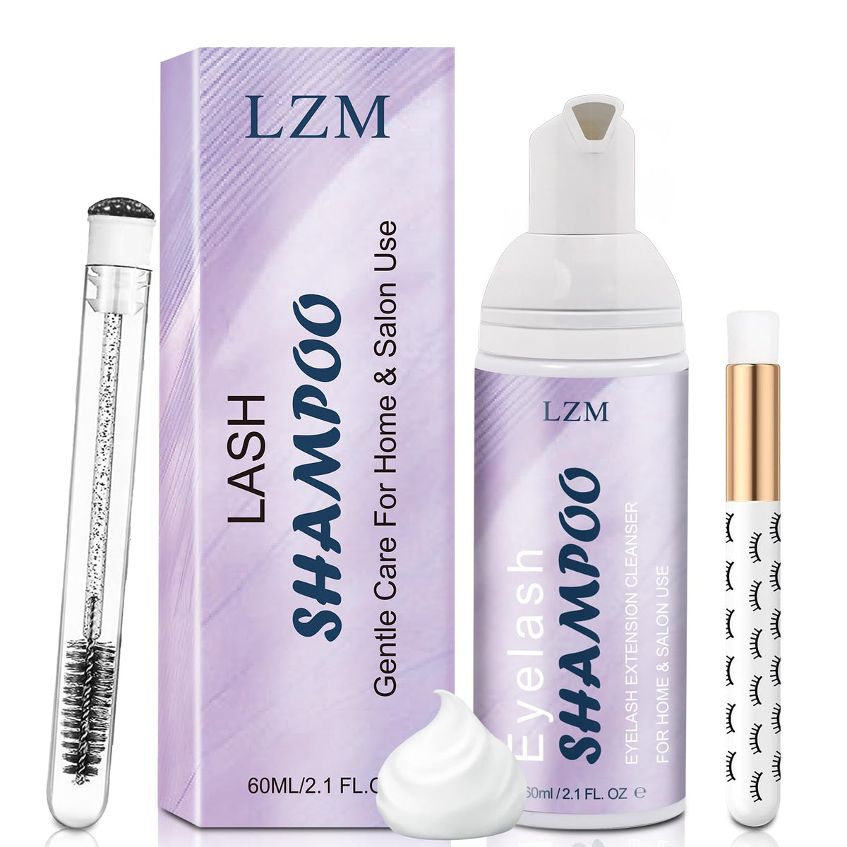 LZM Lash Shampoo 3-in-1 Cleaning Kit - lavender foam bottle and box with lash brushes