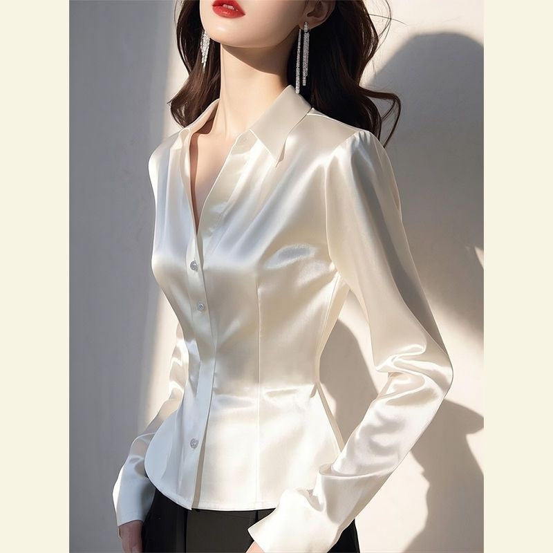 Women's Western Style Shirt - model wearing white blouse with fitted seams and wide cuffs