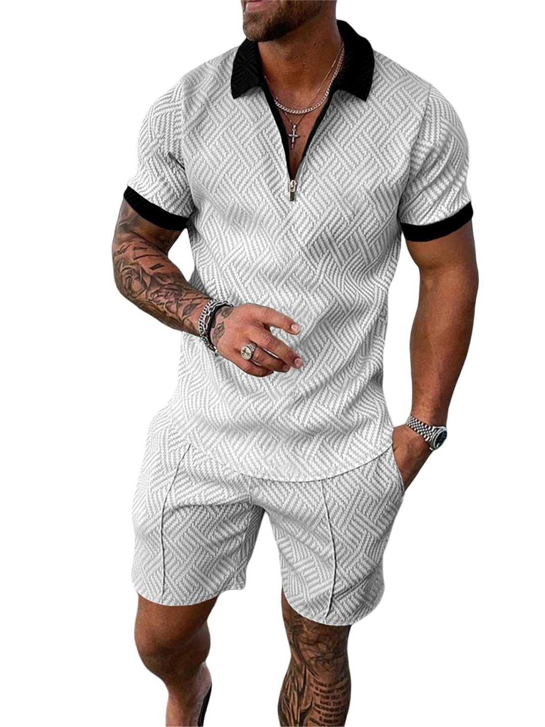 MQUN Summer men short sets outfits 2 Piece Short Sleeve Polo Shirt Shorts Set men short sets outfits Casual Sport Suit