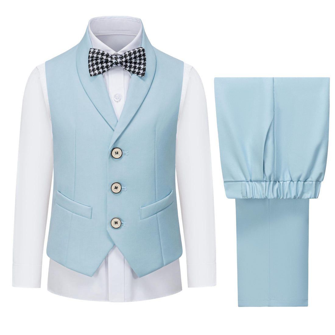 Boys' Formal Vest & Pants Set with Tie - light blue vest and pants with white shirt and patterned bow tie