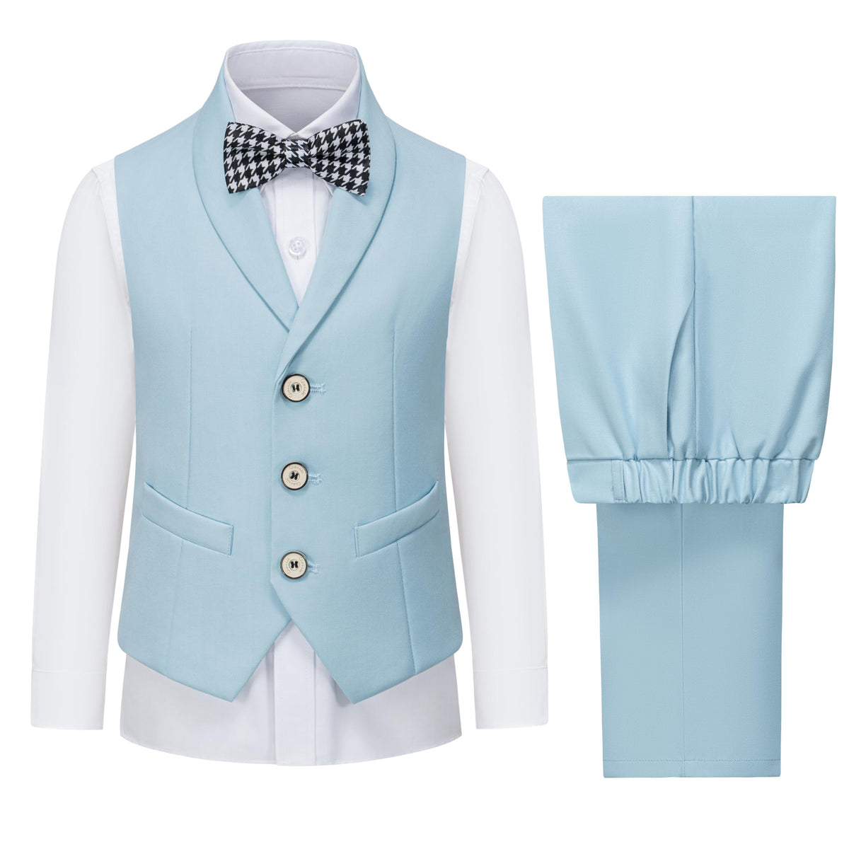 Boys' Formal Vest & Pants Set with Tie - light blue vest and pants with white shirt and patterned bow tie