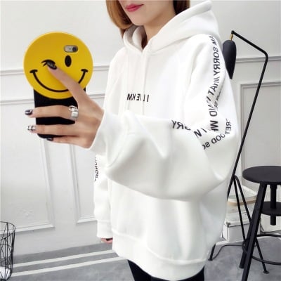 Women's Plus Size Velvet Padded Jacket - model wearing white printed hoodie with front pouch pocket