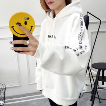 Women's Plus Size Velvet Padded Jacket - model wearing white printed hoodie with front pouch pocket