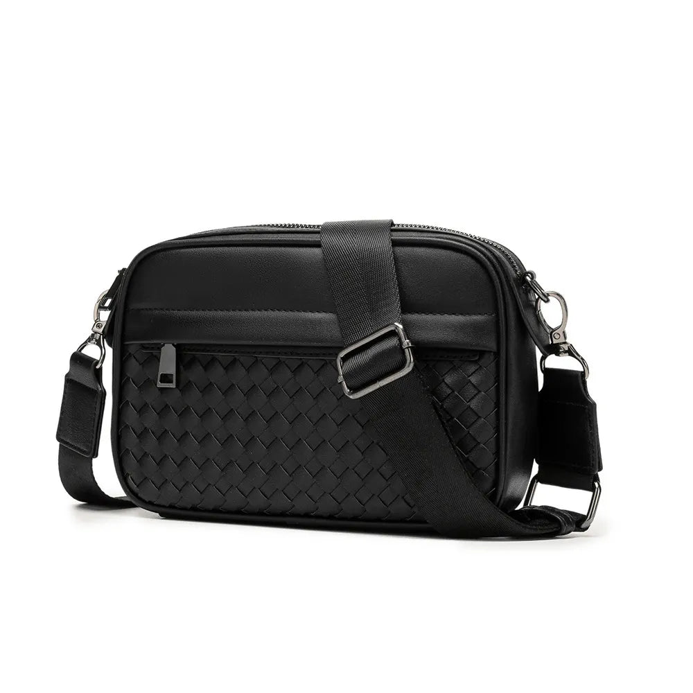 Men's Casual Shoulder Bag - black woven front pocket and adjustable strap