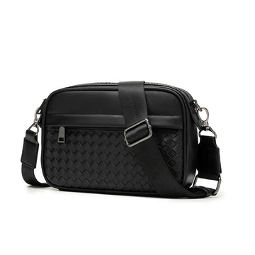 Men's Casual Shoulder Bag - black woven front pocket and adjustable strap