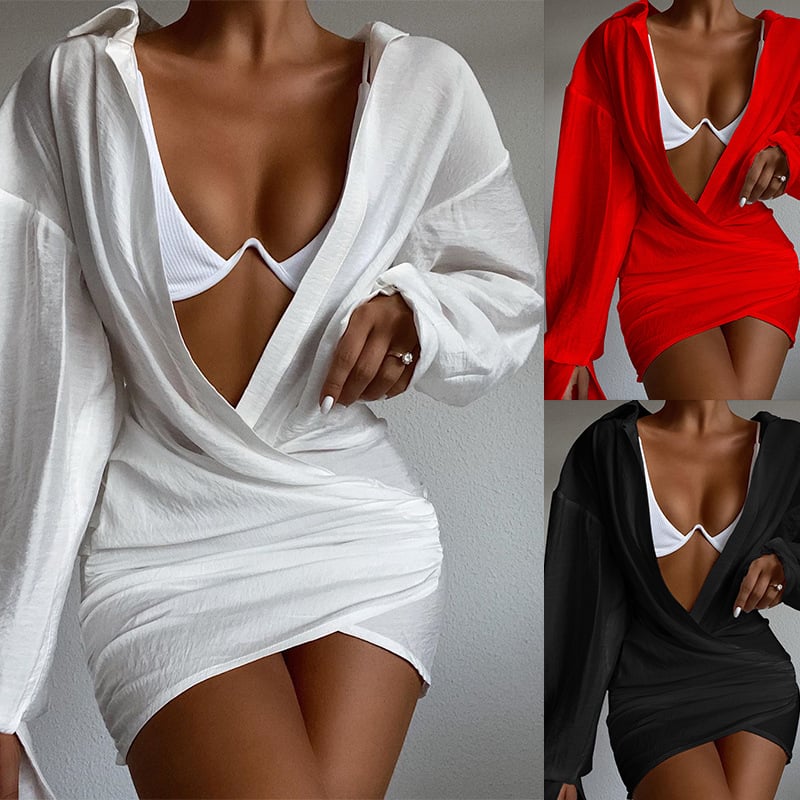 Women's Deep V-Neck Long Sleeve Mini Dress - collage of white, red and black wrap-style dresses