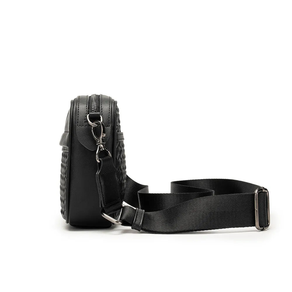 Men's Casual Shoulder Bag - side view of black bag with zipper and strap clips