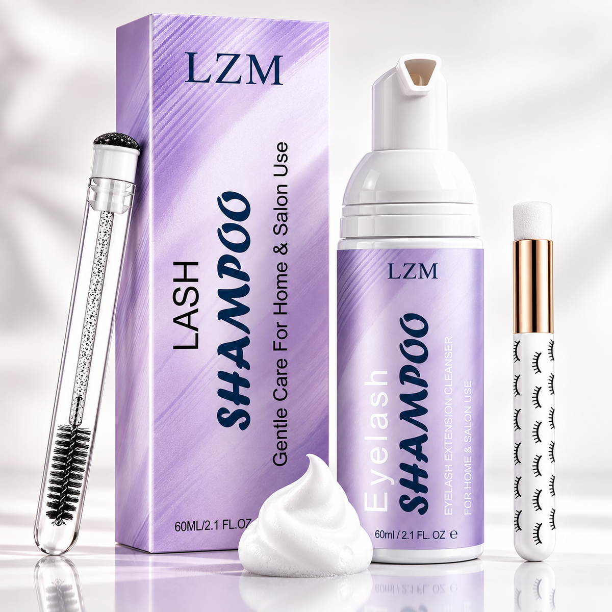 LZM Lash Shampoo 3-in-1 Cleaning Kit - lavender foam bottle and box with lash brushes