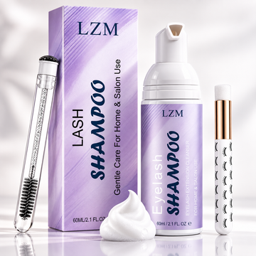 LZM Lash Shampoo 3-in-1 Cleaning Kit - lavender foam bottle and box with lash brushes