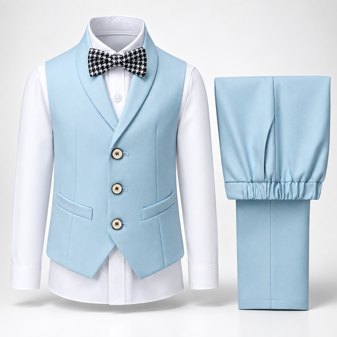Boys' Formal Vest & Pants Set with Tie - light blue vest and pants with white shirt and patterned bow tie