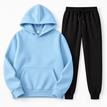 Women's Oversized Hoodie Lounge Set - light blue hoodie with black drawstring joggers
