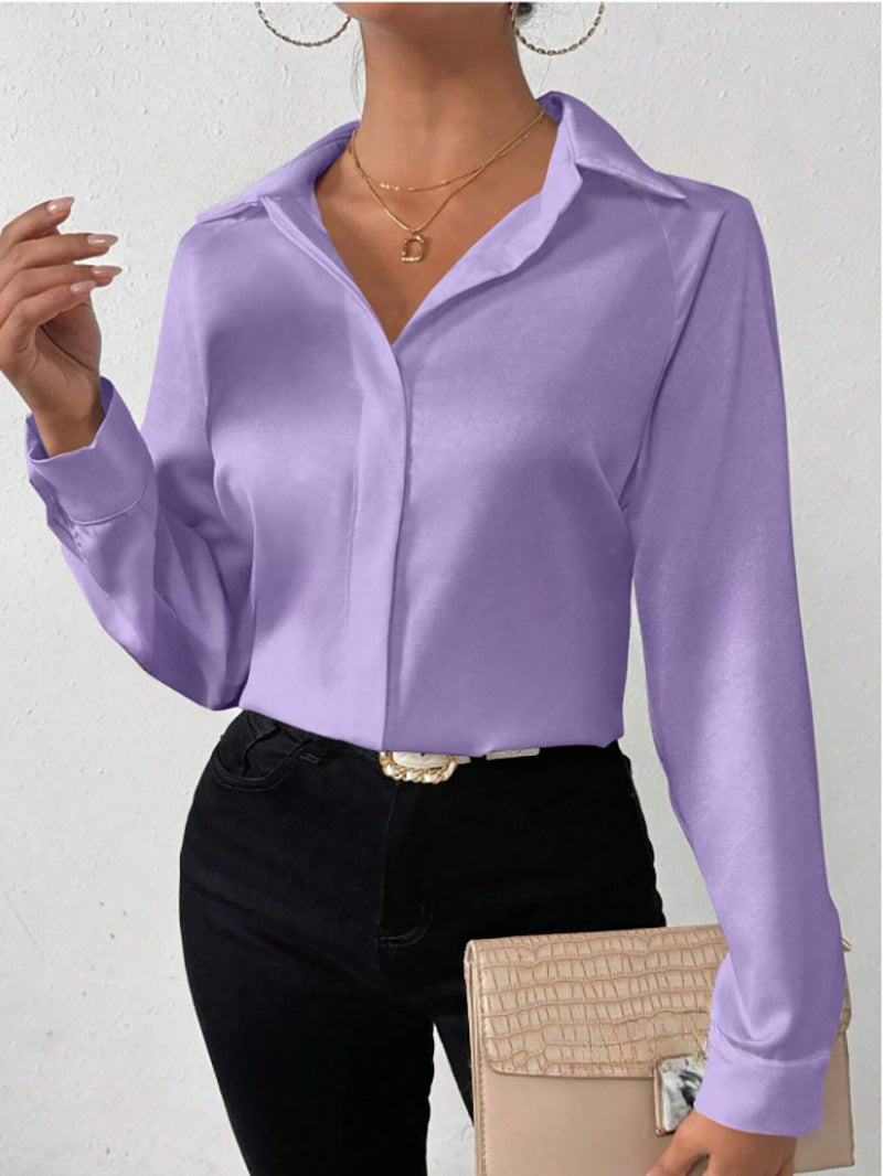 Women's Satin Long Sleeve Shirt - lavender collared shirt worn with black pants and beige clutch