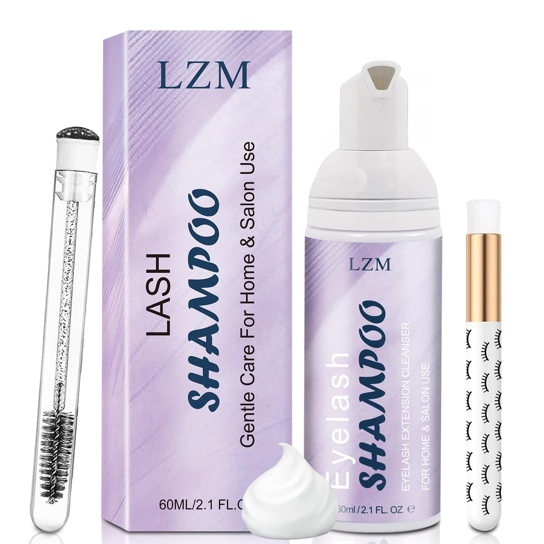 LZM Lash Shampoo 3-in-1 Cleaning Kit - lavender foam bottle and box with lash brushes