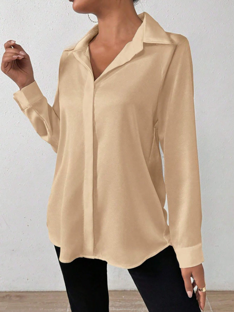 Women's Satin Long Sleeve Shirt - champagne collared shirt worn untucked with black pants