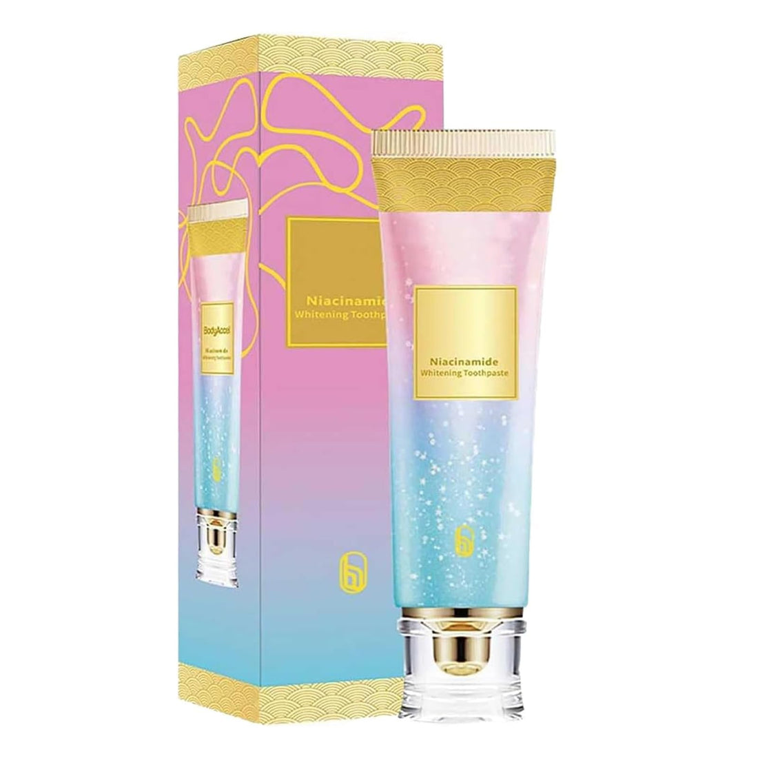 Nicotinamide Whitening Toothpaste - pink-and-blue tube with gold accents and matching box
