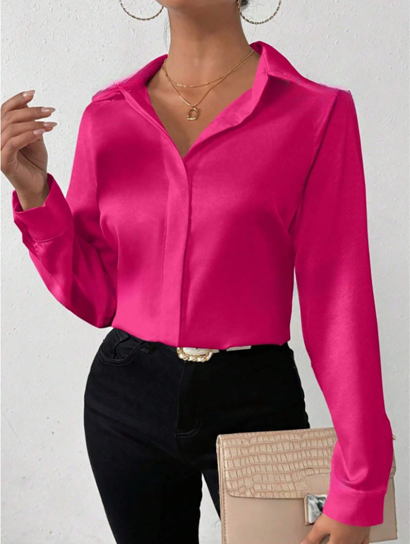 Women's Satin Long Sleeve Shirt - fuchsia collared shirt worn with black pants and beige clutch