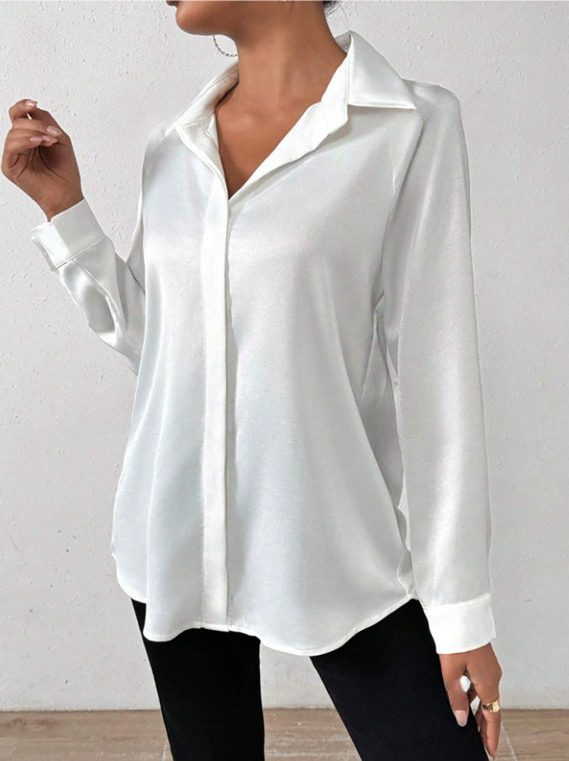 Women's Satin Long Sleeve Shirt - white collared shirt worn untucked with black pants