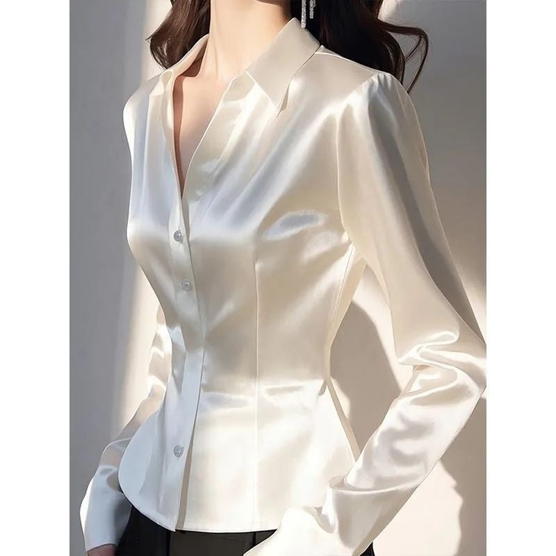 Women's Western Style Shirt - close-up of white fitted button-front blouse with long sleeves