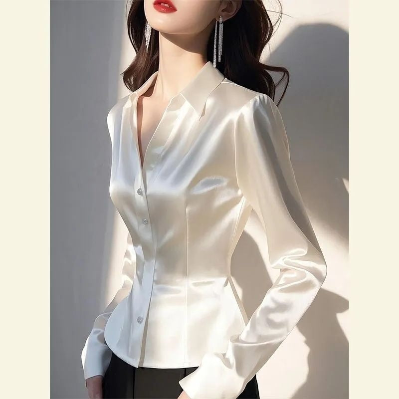 Women's Western Style Shirt - white long-sleeve blouse paired with black pants