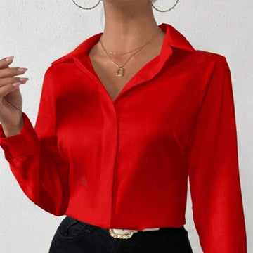 Women's Satin Long Sleeve Shirt - close-up of red collared shirt tucked into black pants