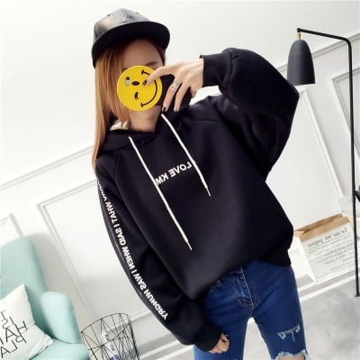 Women's Plus Size Velvet Padded Jacket - model wearing black printed hoodie with white drawstrings