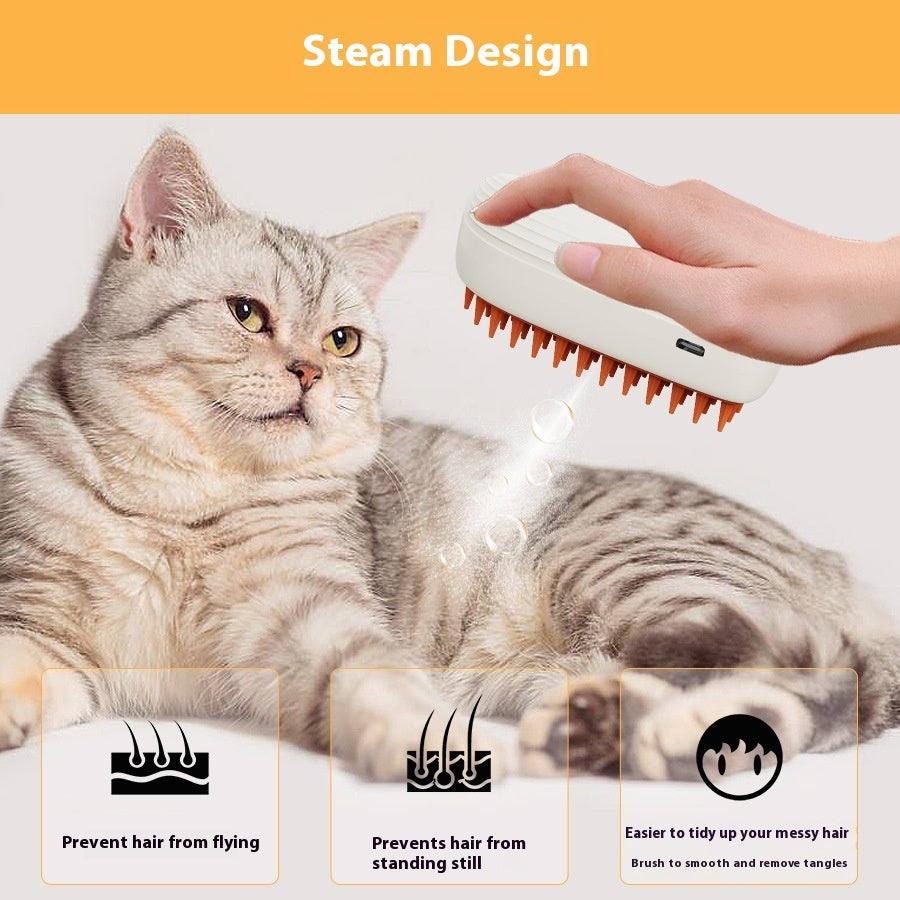 USB Rechargeable Pet Steam Grooming Brush - mist demonstration above a tabby cat